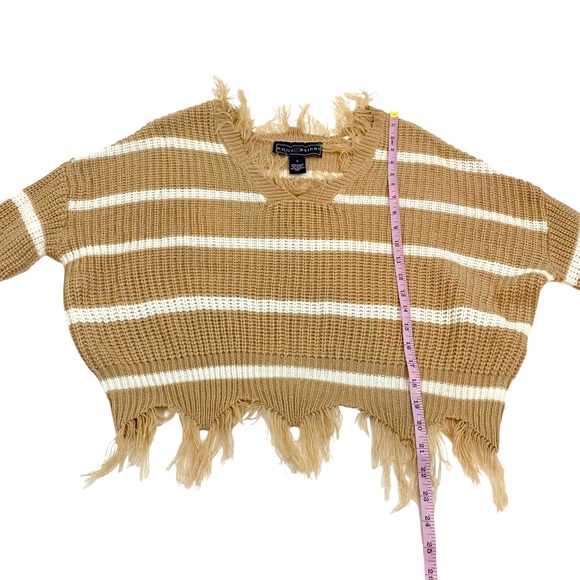 Polly & Esther Beige & White Stripes Destructed Chunky Knit Cropped Sweater, S - Picture 7 of 10